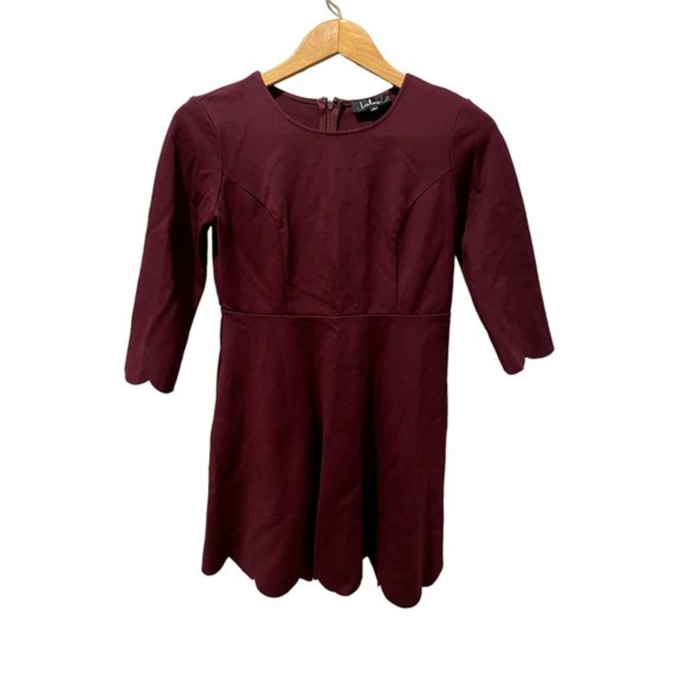 Lulus Burgundy Scalloped Hem Skater Dress Wine Red 3/4 Sleeve Mini Size L m1